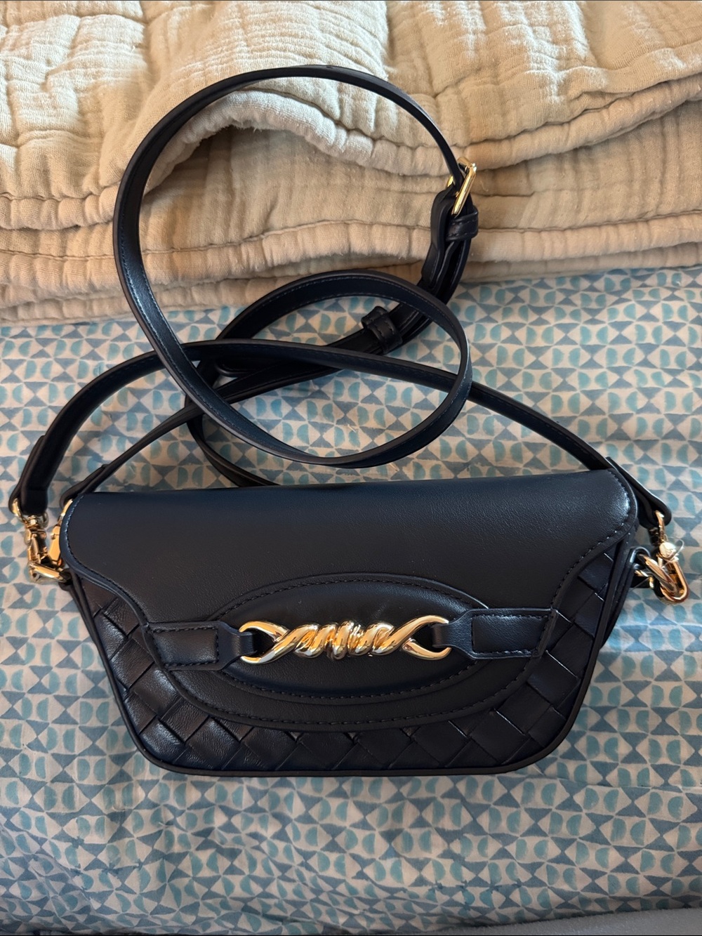 Anthropologie Classic Navy Crossbody Bag with Gold Chain Accent